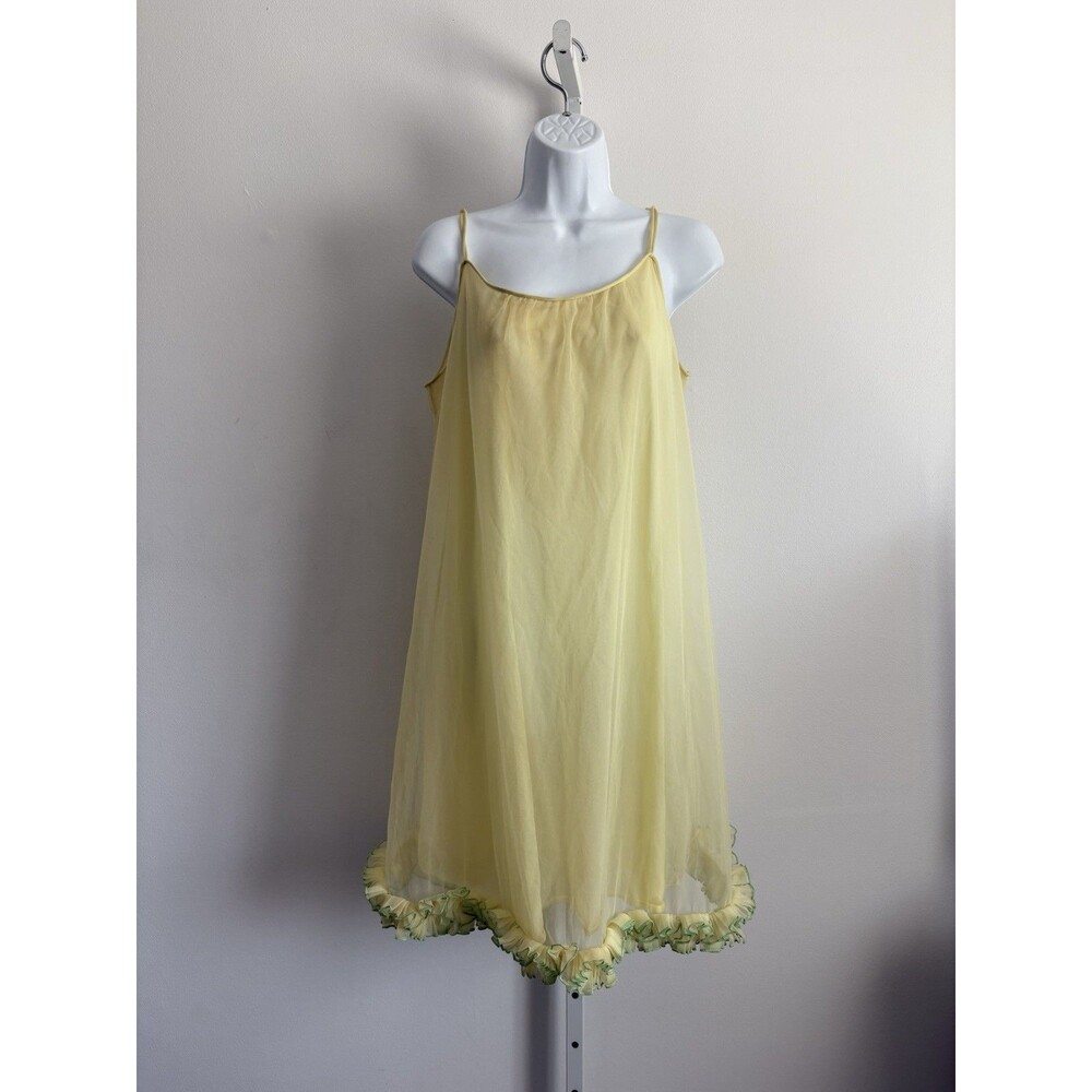 Vintage Formfit Rogers Yellow Chiffon Babydoll Nightie Green Ruffle Edge Small